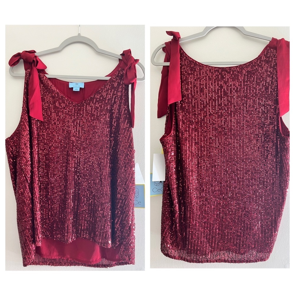 CeCe Sequin Bow Tie Shoulder Sleeveless Top Sz Large (12/14)